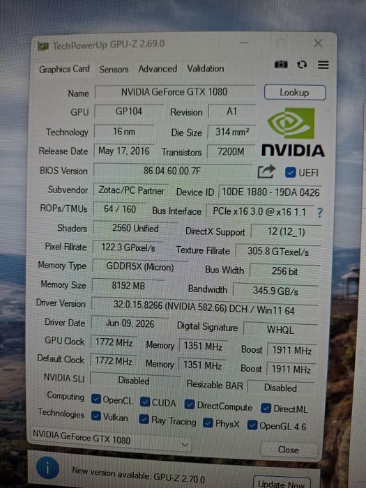 Grafika Zotac GTX 1080 8GB AMP Extreme 256bit gddr5x