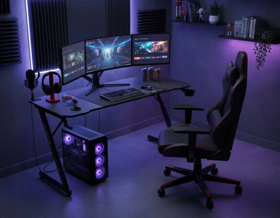 NOWE Biurko Gamingowe 140 cm Komputerowe Dla Gracza 2 Monitory Duży Blat 140x60 Podkładka XXL Uchwyt Na Kubek Haczyk  Organizer Kabli Czarne Loft