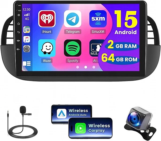 Radio samochodowe 9" CarPlay, Android, nawigacja FIAT 500, 2007, 2015