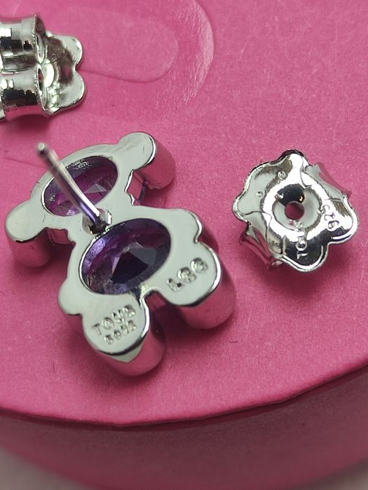 Kolczyki z misiem 13 mm srebro 925 z fioletowym szafirem