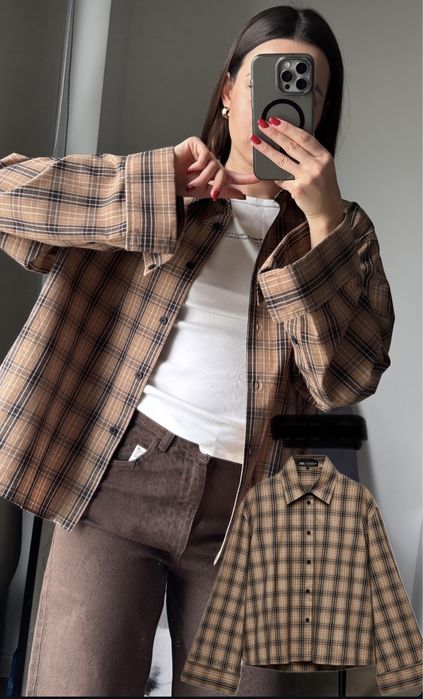 Сорочка в клітинку Zara сатинова рубашка Zara біла сорочка Zara