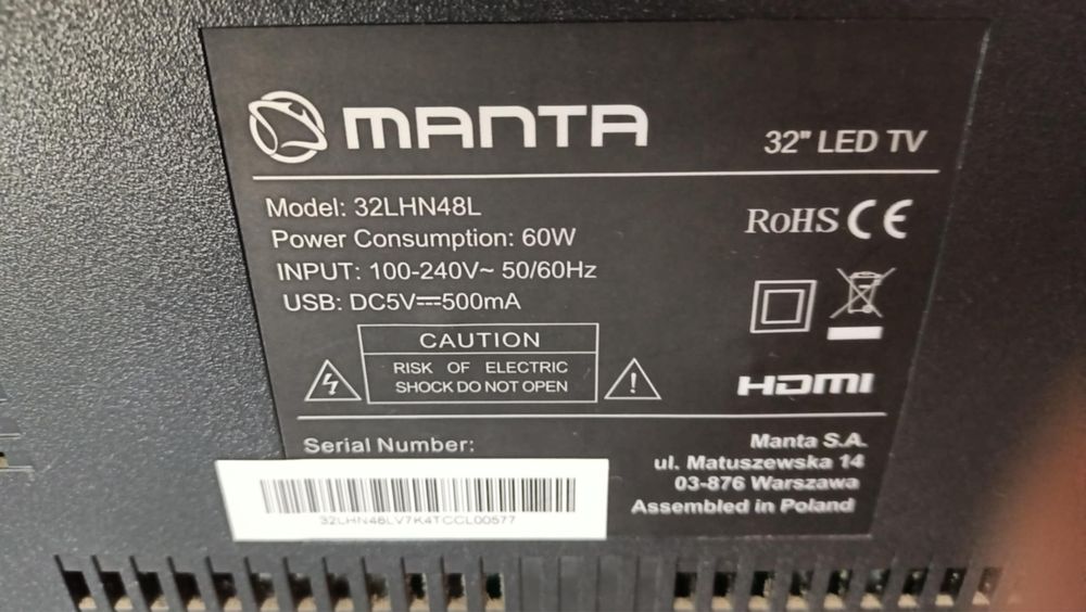 Telewizor Manta 32” Led z pilotem