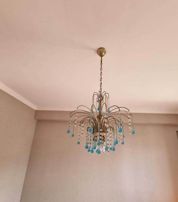 Candeeiro teto vidro com pendentes coloridos para restauro