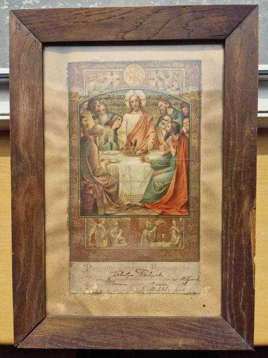 Antyczny, stary obraz religijny pamiątka z Pierwszej Komunii z 1906r.