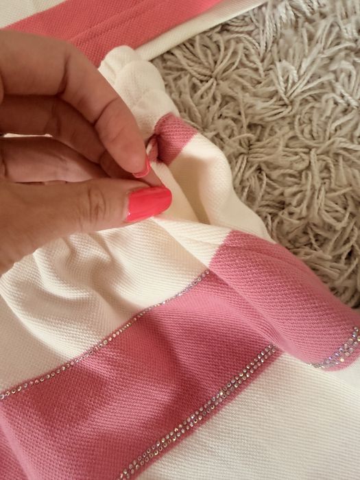 Komplet letni w paski różowo białe pudrowy róż spodenki bluzka krótki Dresowe L XL