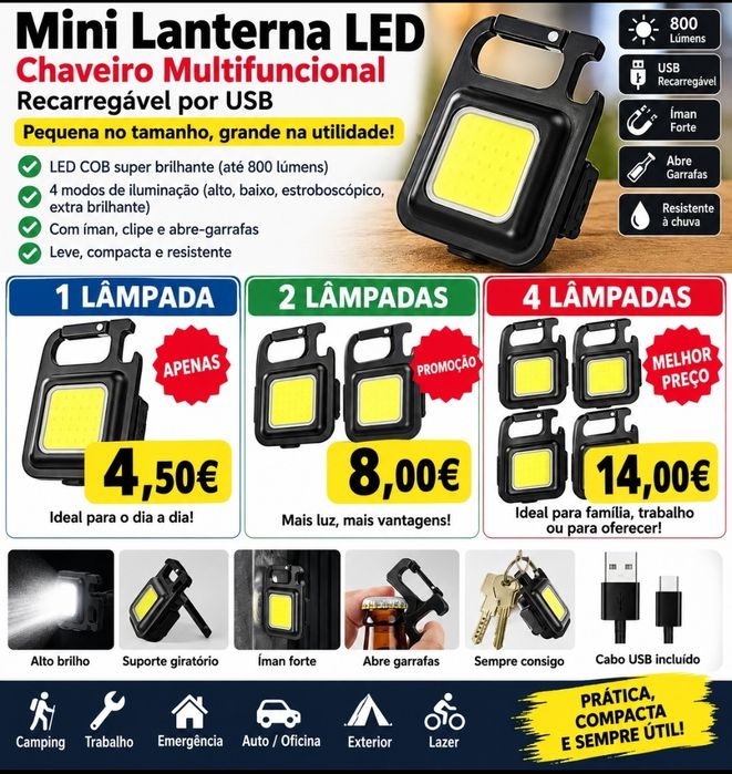 Mini Lanterna LED COB Recarregável USB – Chaveiro Multifuncional até 800 Lúmens