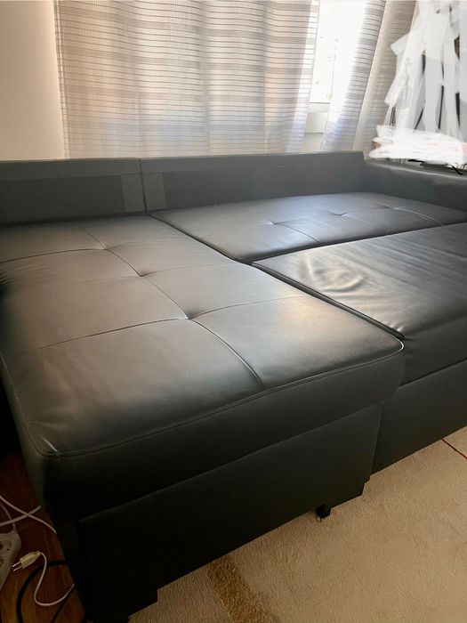 Sofá-cama 3lg c/chaise longue, pele/preto