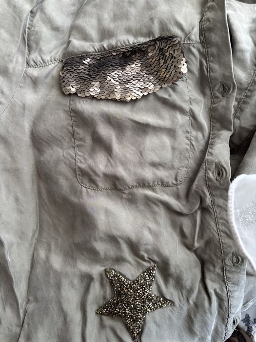 Bluzka koszulowa cupro wiskoza ornamenty cekiny khaki
