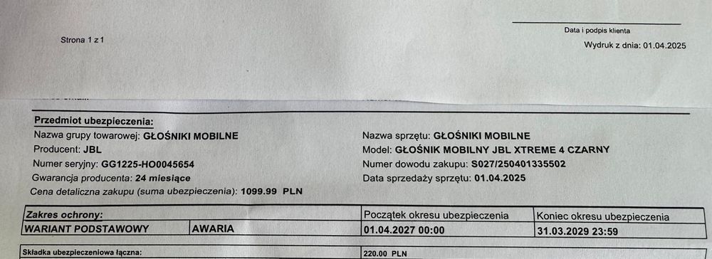 JBL XTREME 4 na gwarancji i ubezpieczenie do 2029r