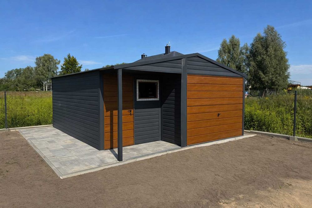 Garaż blaszany dwuspadowy 5×5 z wnęką Ciemny Grafit + Złoty Dąb