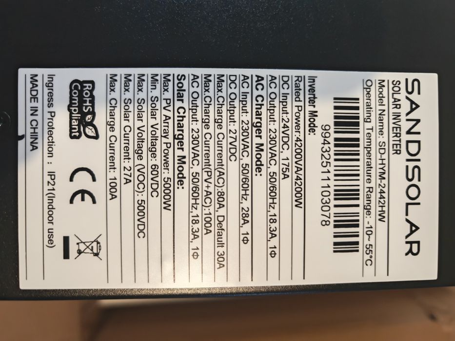 НАЛИЧИЕ Гибридный инвертор SANDISOLAR (Anenji) 4200W 24V-220V 80A WiFi
