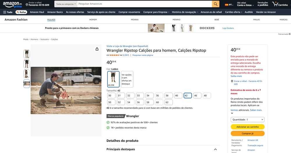 Wrangler Ripstop Calções para homem Tam 52