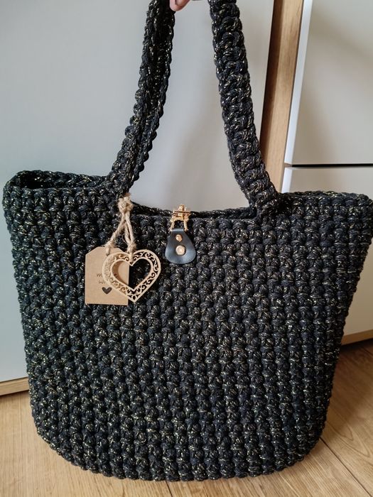 Torebka ręcznie robiona ze sznurka Glamour czerny i złoty handmade mieści A4