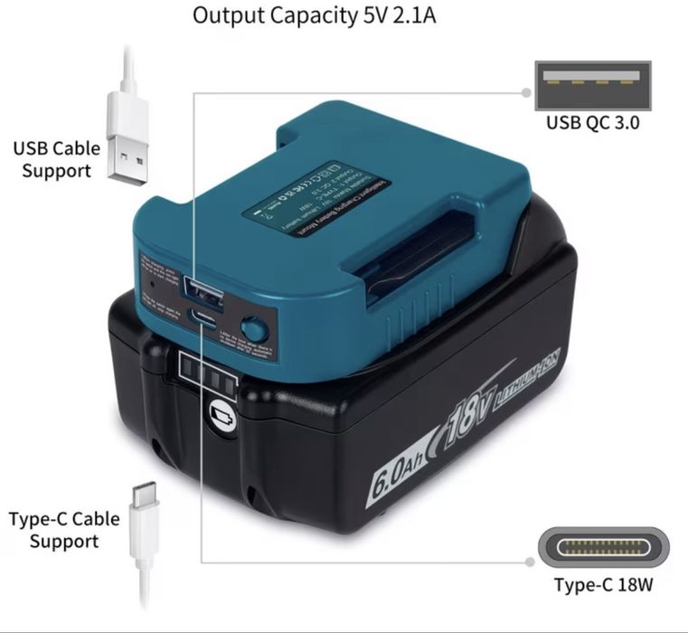 USB адаптер для акумулятора Makita 18V / USB-A + USB-C