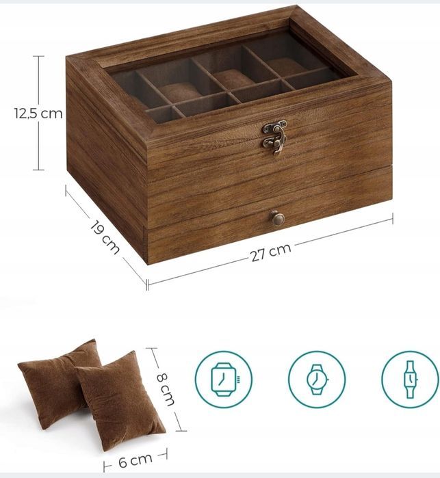 Nowa drewniana szkatułka organizer na biżuterię zegarki