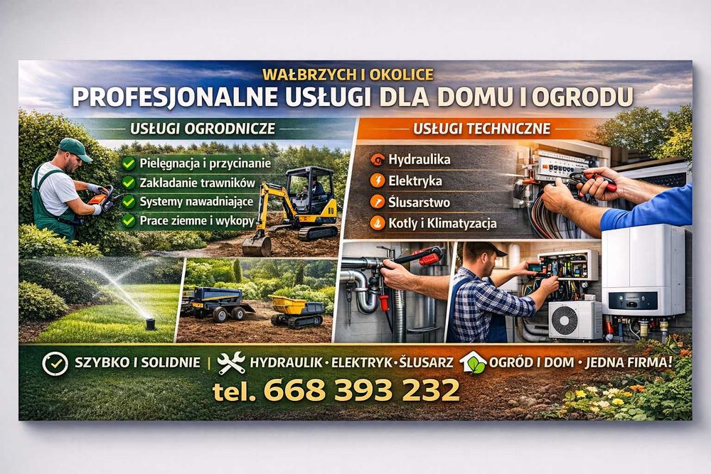 Usługi ogrodnicze, mini-koparka, pielęgnacja ROD, Hydraulik, Ślusarz