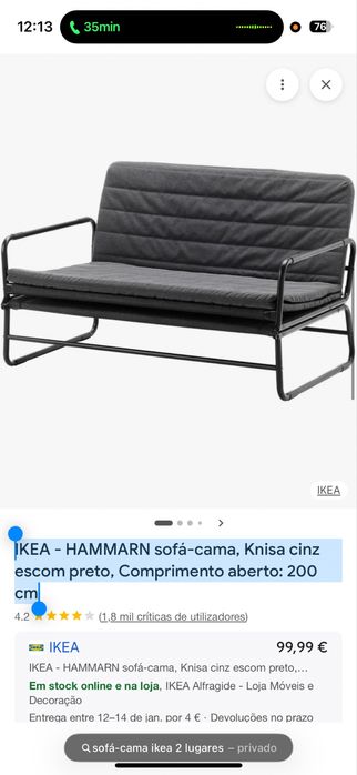 Sofa cama IKEA HAMMARN Cinza, com espuma.