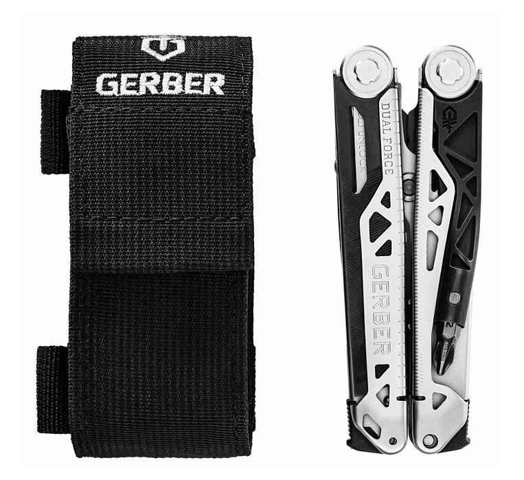 Gerber Dual-Force Multi-Tool – Black/Silver (12 Tools), повнорозмірний мультитул для силової роботи ,нейлоновий чохол ,викрутка ,біти ,пилка ,напилок