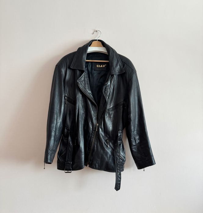 Kurtka skórzana vintage real leather L/XL z paskiem retro