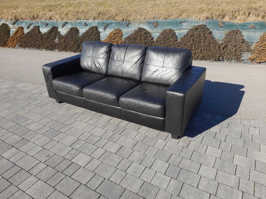 Fotel trzyosobowy sofa czarna skóra naturalna