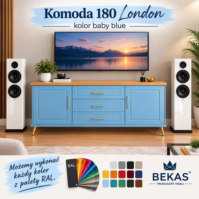 Czarna Komoda RTV Londyn 160`(2D-1s) Blat Dąb Jasny BEKAS Meble Producent