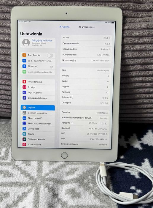 Tablet Apple iPad Air 2 16GB Wi-Fi & Cellular + Kabel