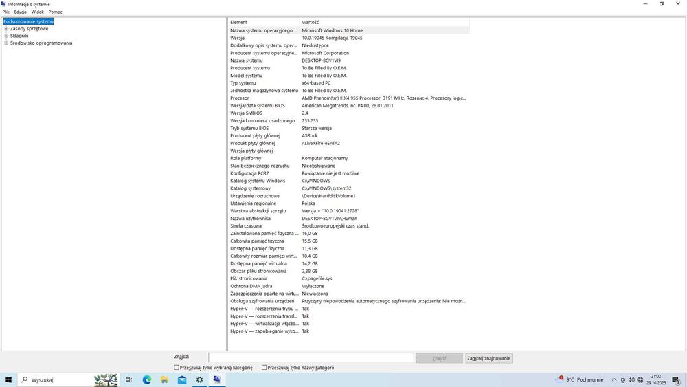 AMD Phenom II X4 BE / ASRock AliveX / 16 GB RAM/ SSD 250 GB / Win 10