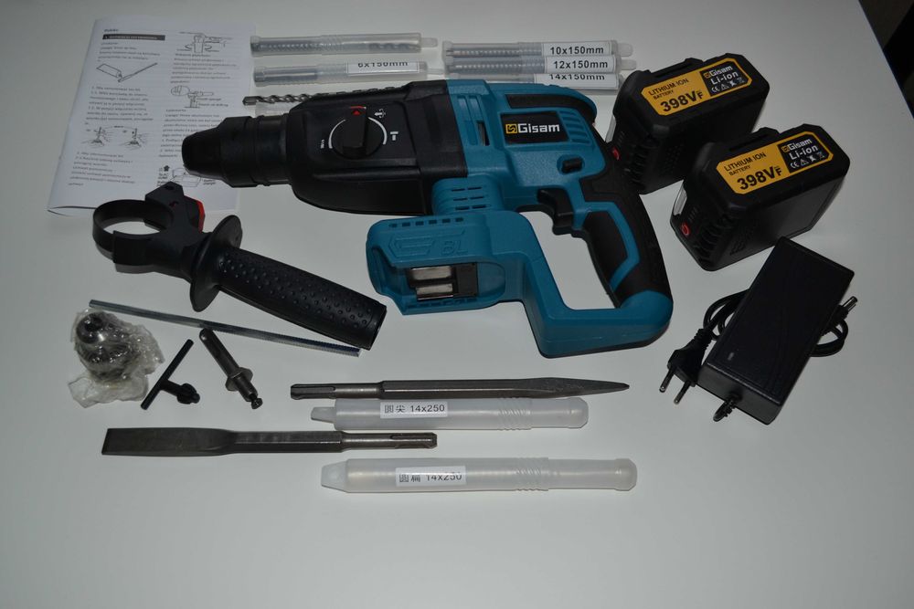 Młotowiertarka Gisam + 2 baterie + akcesoria + wiertła SDS