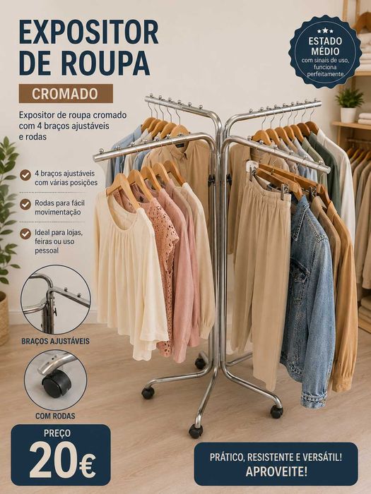 EXPOSITOR DE ROUPA CROMADO | 4 BRAÇOS AJUSTÁVEIS | 20€