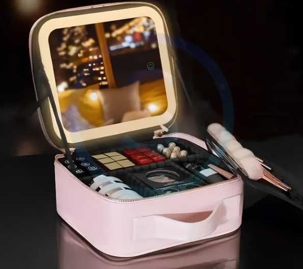 Косметичка чемоданчик с LED зеркалом органайзер кожаная чёрная розовая