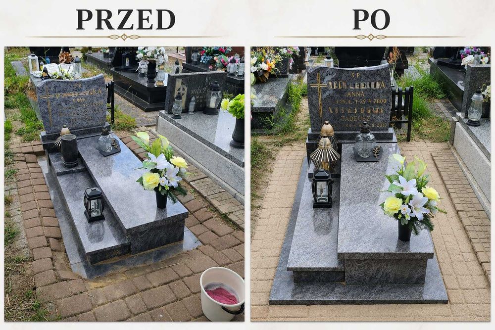 Podnoszenie i poziomowanie nagrobków, odnawianie liter nagrobkowych, układanie płytek, kostki wokół nagrobka.