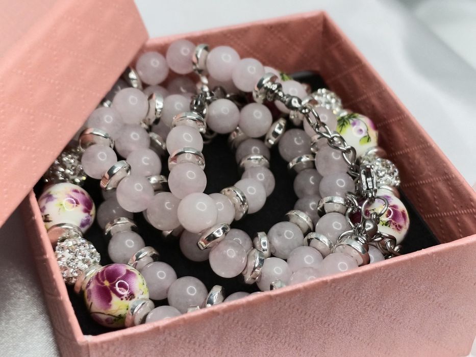 Komplet biżuterii Handmade Różany Ogród z kwarcu różowego