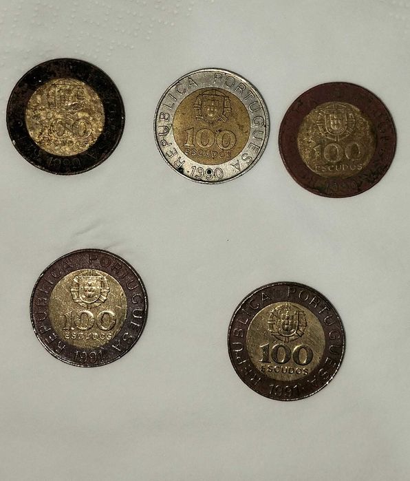 5 moedas 100 escudos 1990 e 1991
