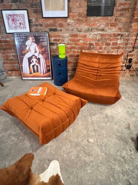 Fotel i pufa Togo Oryginał Ligne Roset po renowacji welur