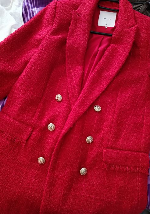 Czerwona tweedowa marynarka długi rękaw elegancka mohito 36 S