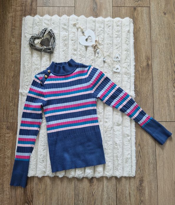 Pasiasty sweter Warehouse prążkowany guziki na ramieniu M paski kolorowy