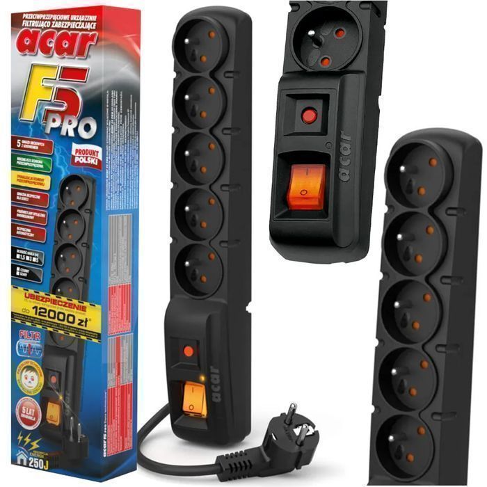 Listwa przeciwprzepięciowa ACAR F5 PRO 3m 5 gniazd 10A W0093