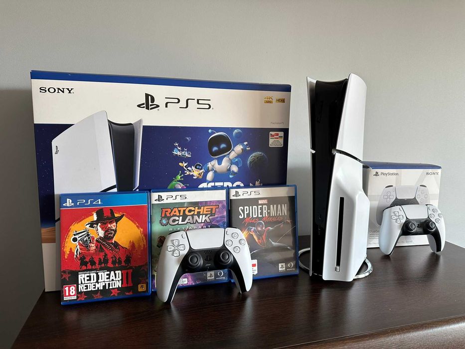 PS5 Slim 1TB, rękojmia x-kom, +kontroler, RDR2, Rachet, Spiderman ...
