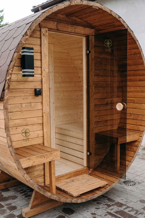 Sauna ogrodowa beczka 335cm z przedsionkiem piecem i oświetleniem LED