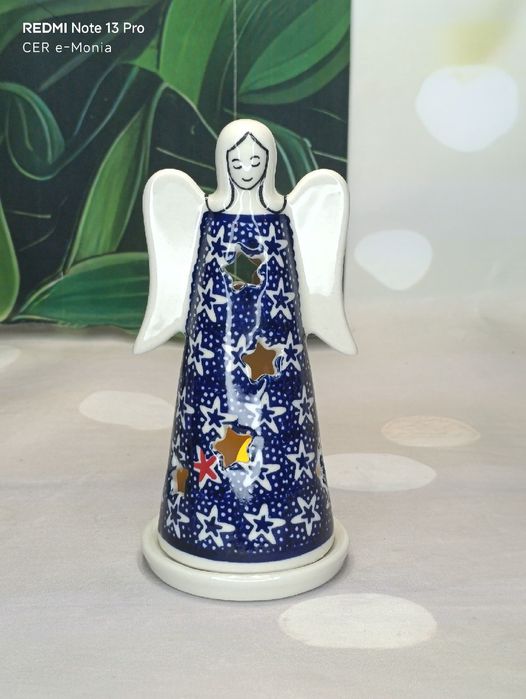 Lampion ceramiczny Bolesławiec anioł 15,5 cm ceramika Bolesławiec