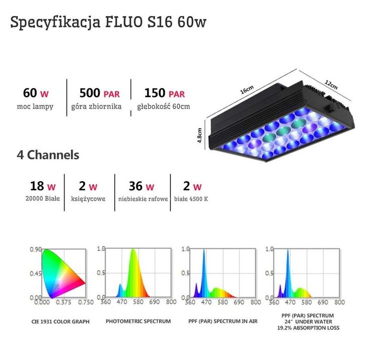 LAMPA do akwarium MORSKIEGO Led Fluo  S16PRO 60W + Pilot + Uchwyt