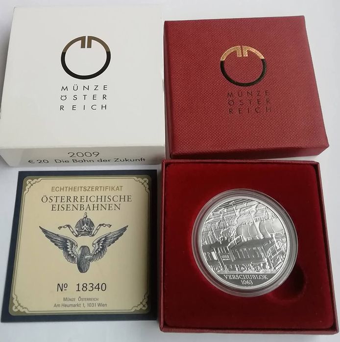 Австрія 20 євро 2009р. СРІБЛО. ПРУФ. Залізниця ОВВ. Сертифікат