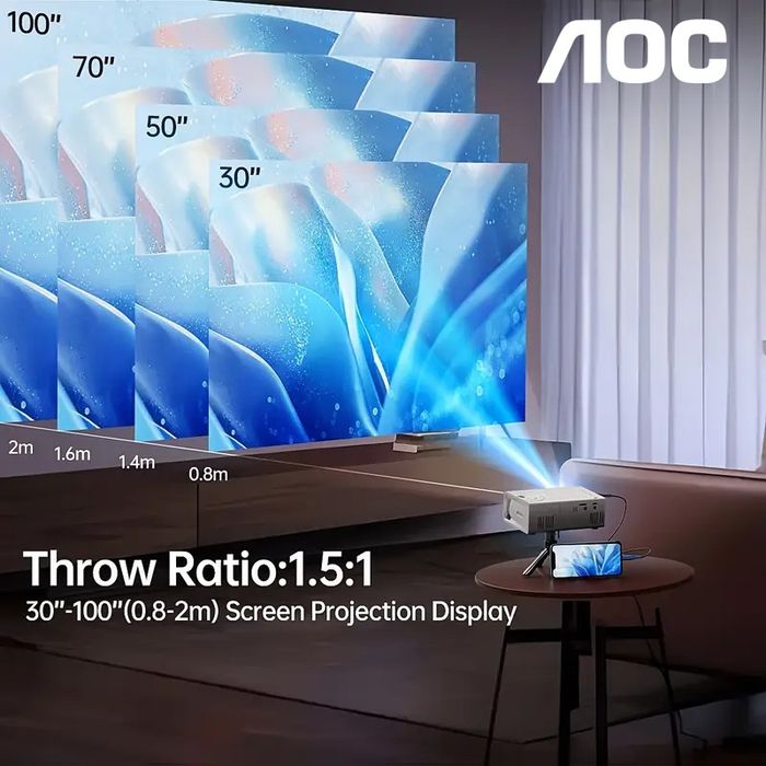 Projetor AOC LED HD com ligação ao telemóvel – até 80”