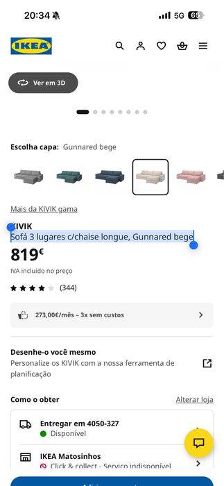 Sofa bege 3 lugares IKEA