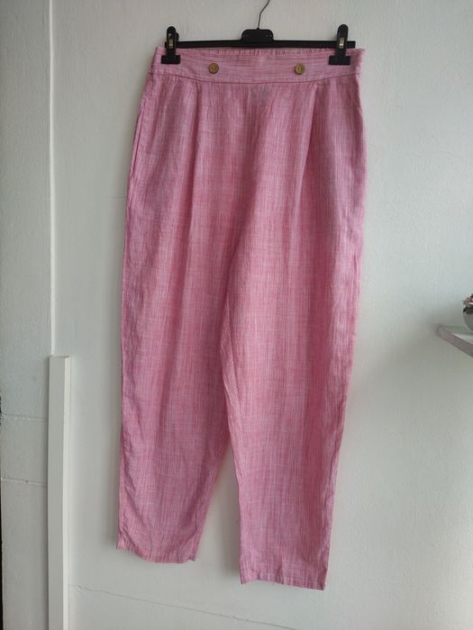 Calças de Cintura Alta Algodão às Riscas Vermelho e Branco - Emery Rose - Tamanho L