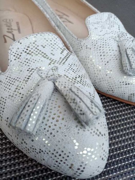 Balerinki lordsy biało srebrne ślub zapato