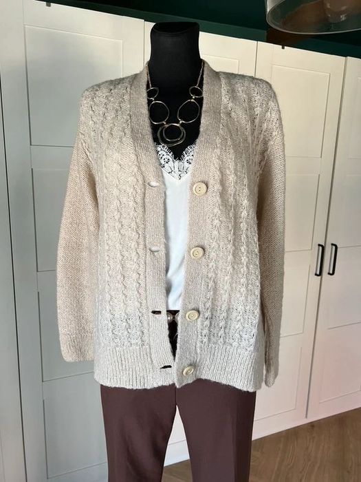 Kremowy beżowy kardigan z dodatkiem wełny moher rozmiar 42 XL