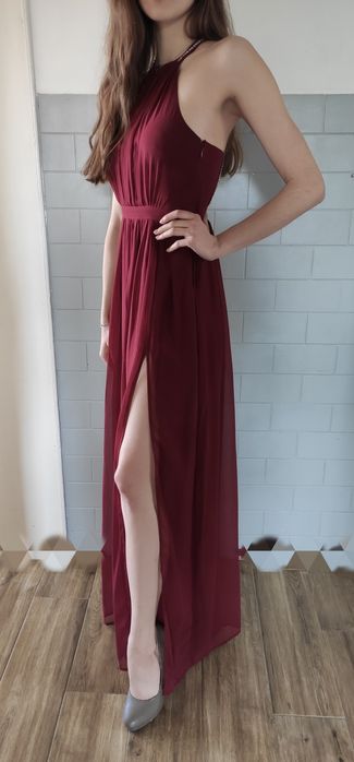 Bordowa długa sukienka z rozcięciem S/M sukienka wieczorowa