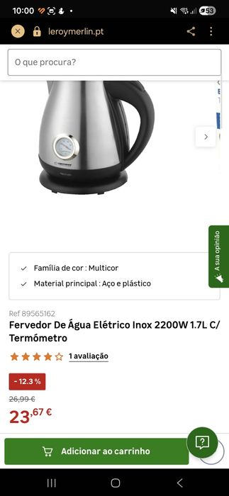 Fervedor De Água Elétrico Inox 2200W 1.7L C/ Termómetro