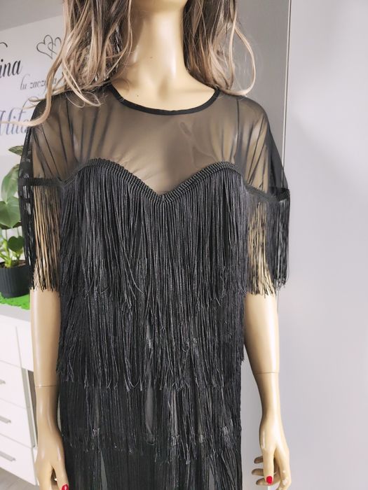 Sukienka midi czarna ołówkowa z frędzlami ażurowa  nowa rozmiar 48